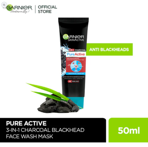 Garnier Skin Active 3-In-1 Charcoal Blackhead Face Wash Mask Scrub 50Ml