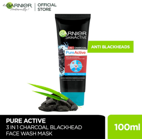 Garnier Skin Active 3-In-1 Charcoal Blackhead Face Wash Mask Scrub 100Ml